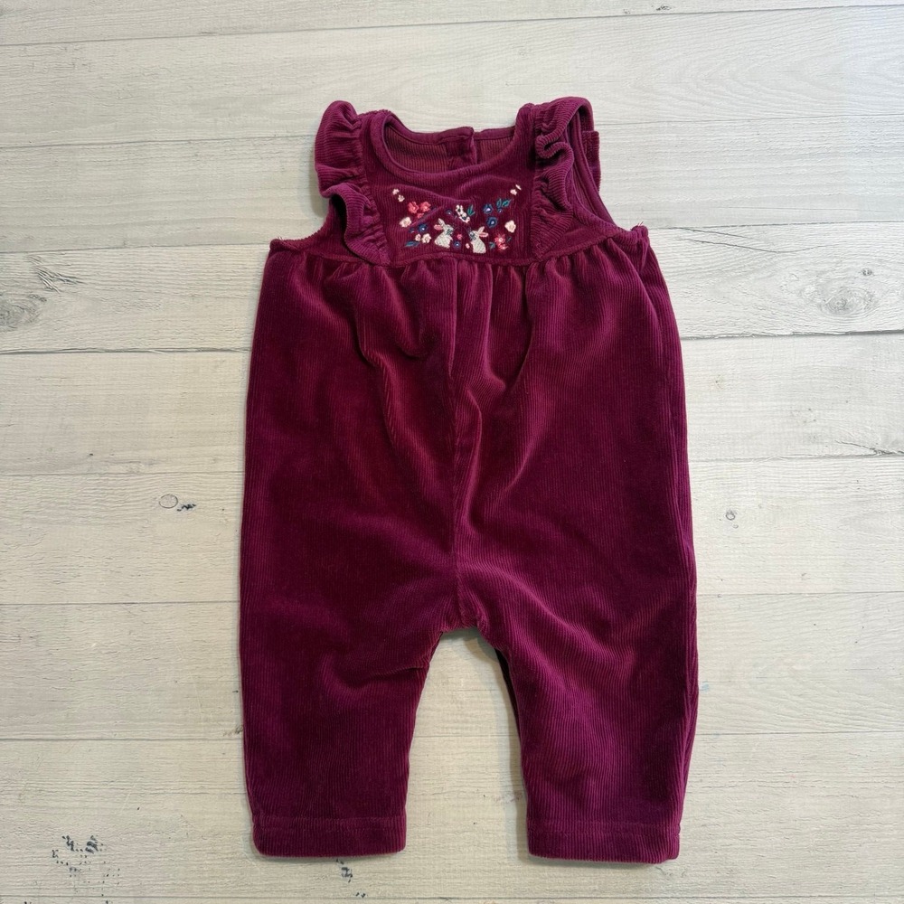 JoJo Maman Bébé Plum Purple Bunny Embroidered Velour Dungarees 0-3 months